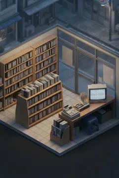 Isometric 3D view of a small 1990s neighborhood video rental corner with VHS cassette shelves, a CRT television, plastic stool, tiled floor, and a rainy evening storefront.