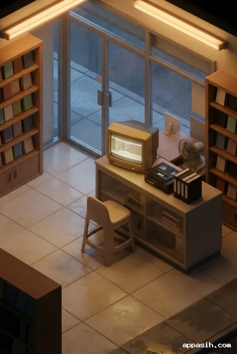 Detailed isometric 3D view of the same 1990s video rental corner with VHS shelves, CRT television, cassette rewinder, plastic stool, warm shop lighting, and reflections from a rainy evening sidewalk.