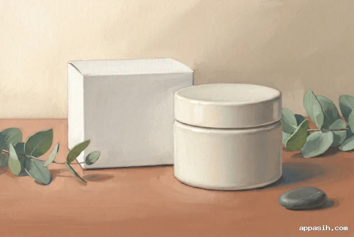 Detailed gouache painting of an ivory ceramic skincare jar and blank carton with eucalyptus on a warm terracotta tabletop.