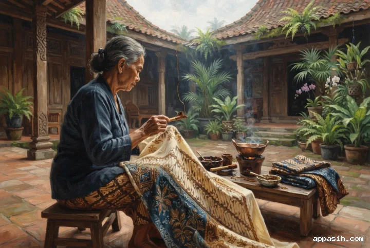 Closer three-quarter view of a Javanese batik artisan lifting a canting above patterned cloth in the same heritage courtyard, rendered as a richly textured acrylic painting.