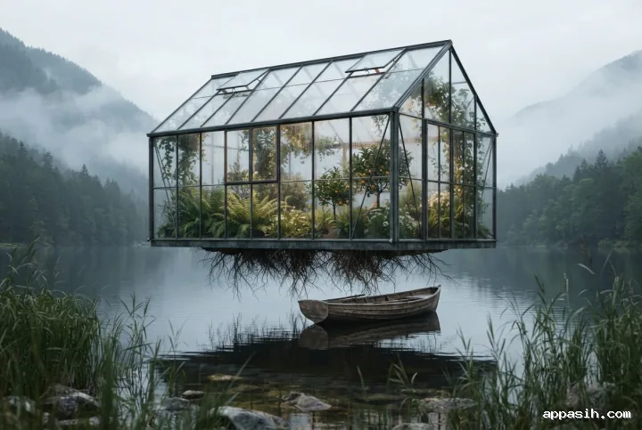 Floating glass greenhouse with hanging roots above a misty mountain lake, viewed from a low shoreline angle with a wooden rowboat beneath it.