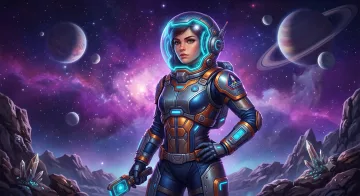 Brave young space explorer character standing on an alien planet in a futuristic suit