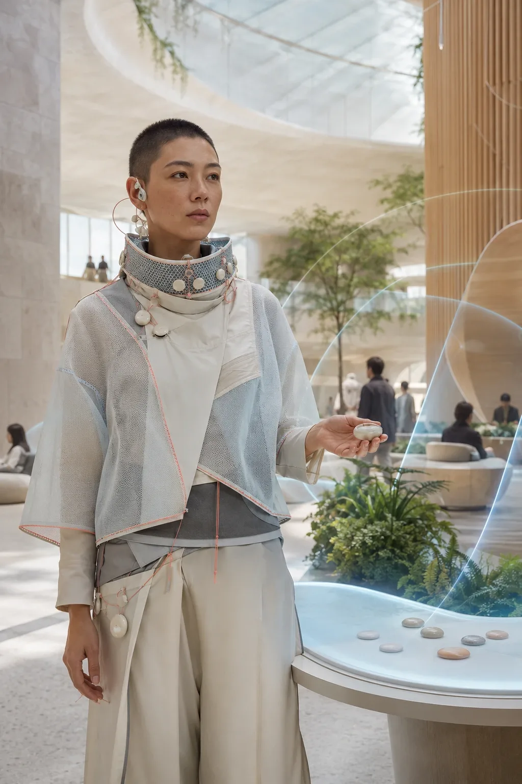 Original near-future consent cartographer wearing ivory and pale-blue sensor garments inside a bright civic atrium.