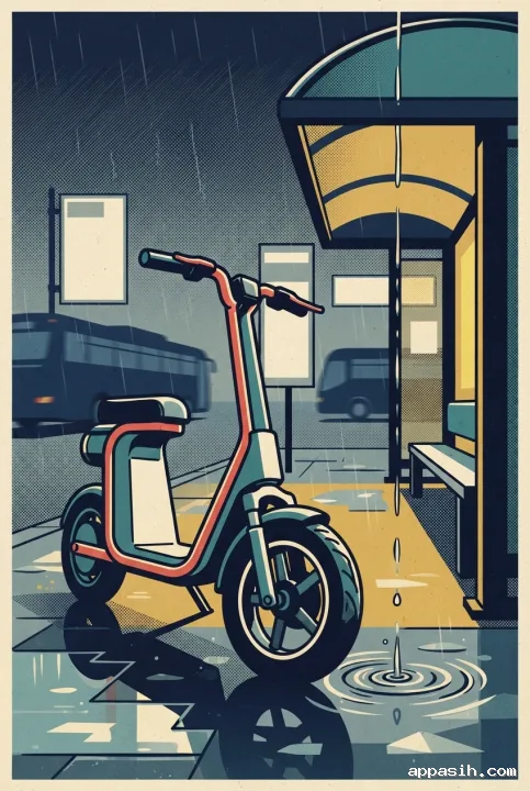 Low three-quarter view of a Retro Pop Art electric scooter at the same rainy urban transit hub, with halftone print texture, dripping shelter water, bold outlines, and reflective pavement.