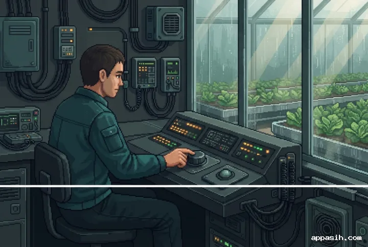 Retro pixel art smart greenhouse control room from a closer three-quarter angle, showing a technician adjusting a control beside sensors, irrigation hardware, and plant rows.