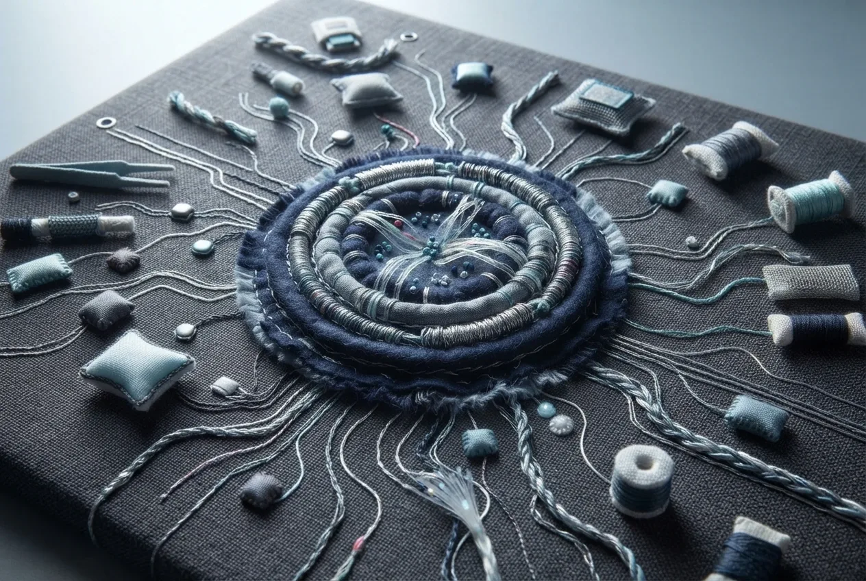 Embroidered quantum sensor module surrounded by conductive-thread circuits and fiber-optic textile components in a handcrafted technology laboratory.