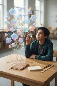 Student studying a surreal floating geometry garden of luminous spheres, cubes, pyramids, and spirals inside a classroom.