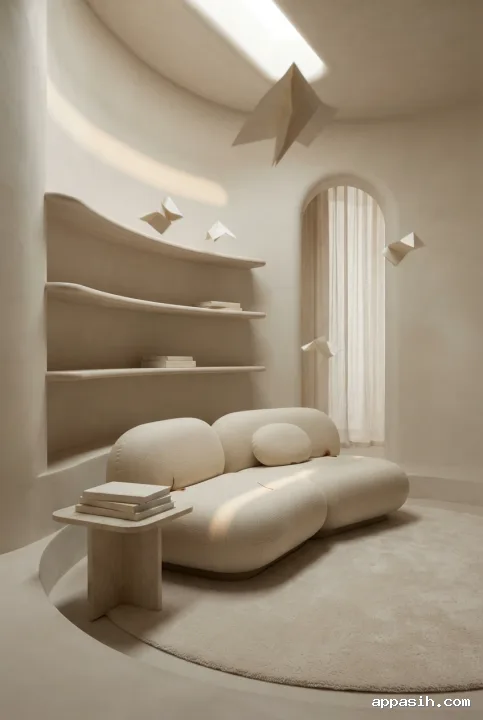 Closer surreal view of a sunken reading alcove with sculptural cream seating, floating stone shelves, hovering paper forms, curved plaster walls, and warm diffused skylight.