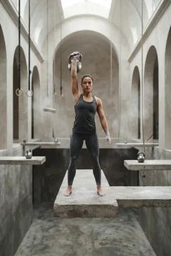 Surreal fitness athlete balancing a kettlebell on a floating concrete platform inside a gravity-defying training hall.