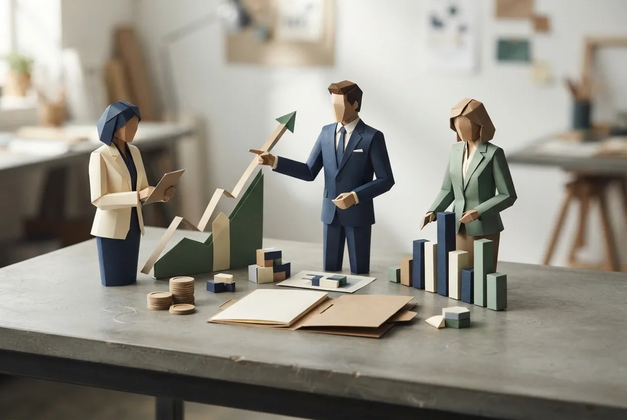 Origami-style business professionals reviewing folded paper financial charts, coins, and budgeting elements on a strategy table.