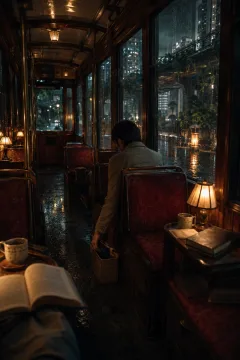 Anonymous passenger storing a switched-off device inside a quiet tram crossing a rain-soaked tropical city during a nighttime digital blackout.