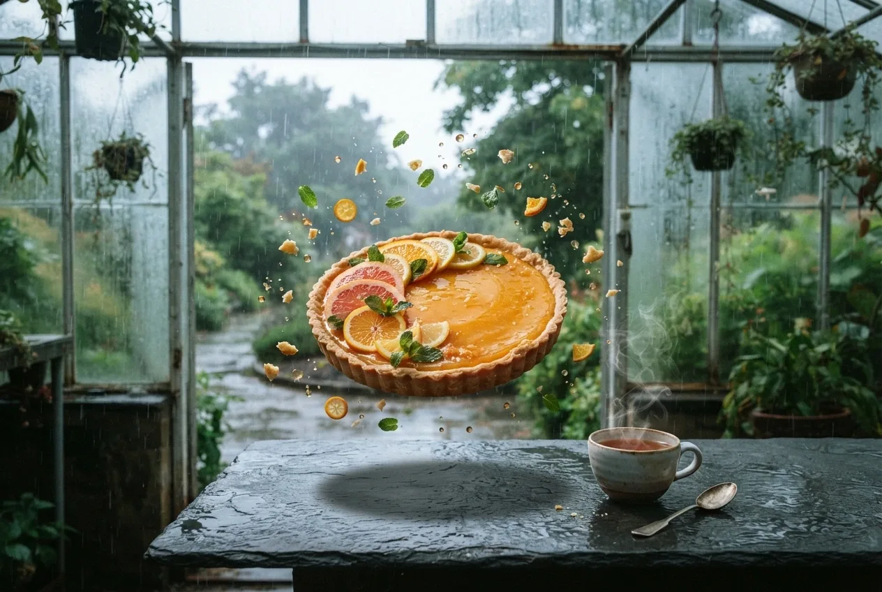 Surreal floating citrus tart with suspended orange slices, mint leaves, syrup droplets, and steaming tea inside a rainy glasshouse.