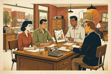 Retro vintage poster of three small-business owners reviewing coins, savings jars, ledgers, and an investment growth chart at a neighborhood cooperative finance desk.