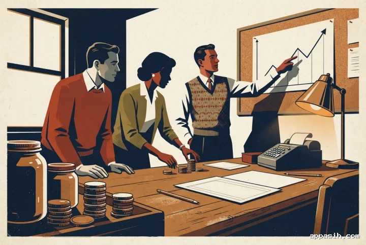 Retro vintage poster from a closer three-quarter view of three small-business owners pooling coins and reviewing ledgers and a growth chart at a cooperative investment desk.