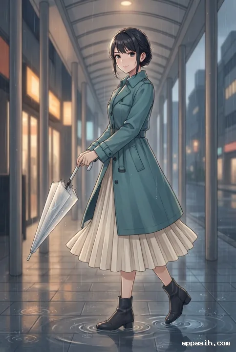 Anime-inspired cartoon fashion scene of a young woman walking beneath the same rainy city walkway in a teal belted raincoat, cream pleated skirt, ankle boots, shoulder bag, and translucent umbrella.