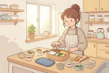 Kawaii cartoon young adult preparing a colorful homemade bento lunch at a cozy sunlit kitchen counter.