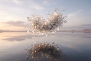 Surreal floating glass garden with translucent botanical forms hovering above a reflective mirror desert at dawn.