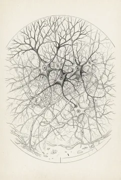 Portrait ink drawing of a microscopic neuron network with branching dendrites, interconnected cell bodies, and subtle laboratory microscopy details.
