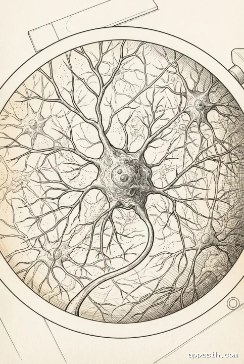 Detailed portrait ink drawing of the same microscopic neuron network with a closer view of the central neuron, branching dendrites, axonal pathways, and laboratory microscopy context.