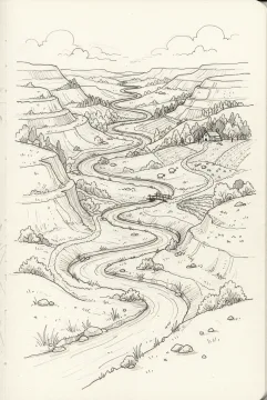 Hand-drawn doodle landscape of a winding river flowing through terraced hills with trees, footpaths, a small wooden bridge, and soft clouds.