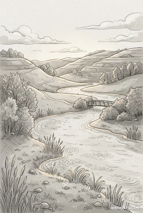 Detailed hand-drawn doodle river valley with terraced hills, a tiny wooden bridge, grasses, stones, winding paths, clustered trees, and softly sketched clouds.