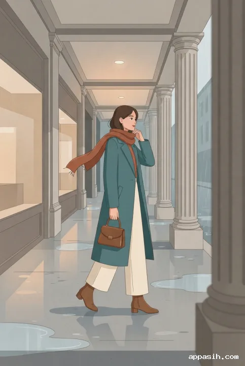 Closer three-quarter view of a woman in a teal tailored coat adjusting her rust scarf while walking through the same rainy city arcade in a 2D Flat Illustration.