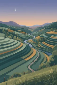 Flat illustration of a terraced valley with a winding river, layered hills, trees, and a crescent moon at dusk.