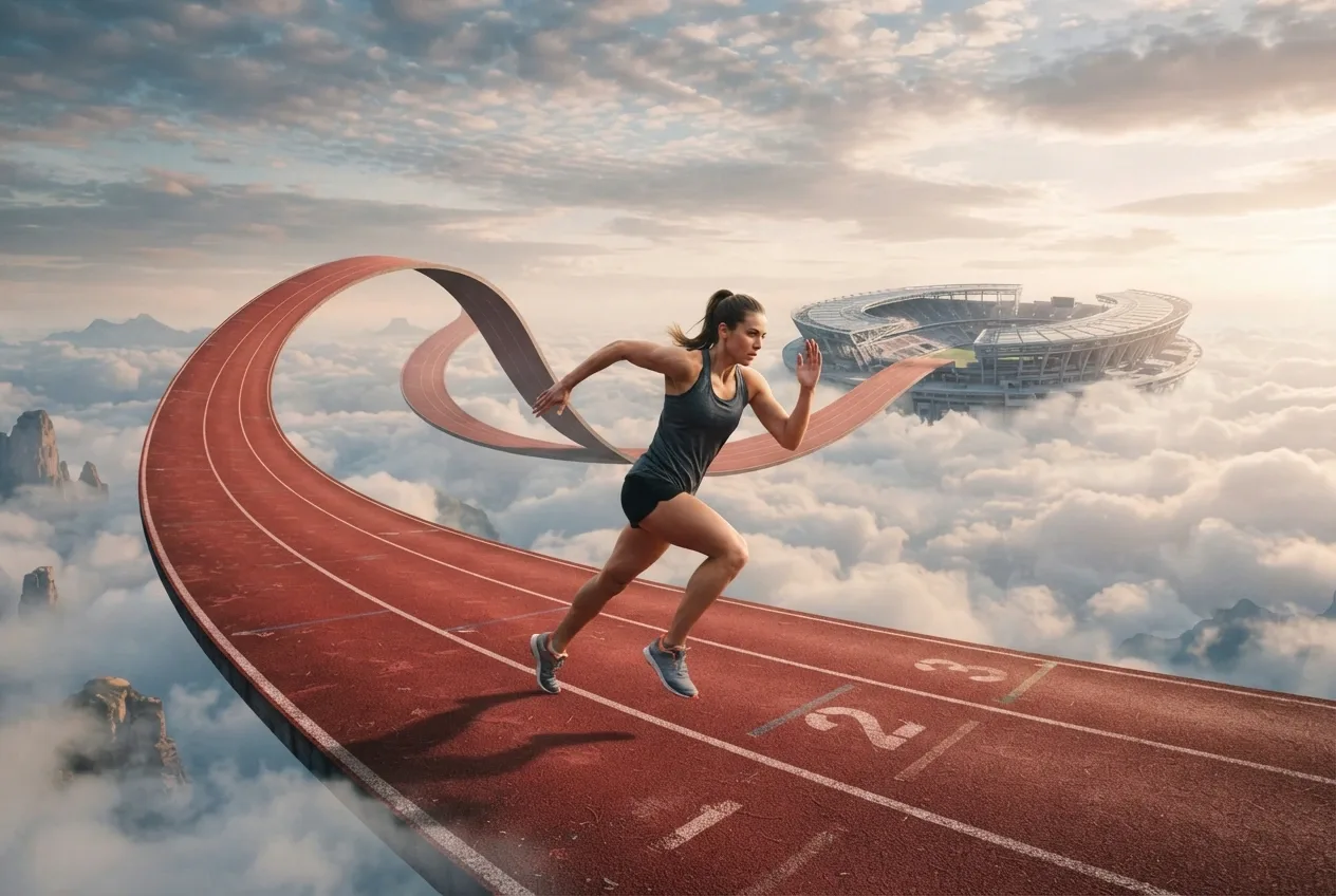 Surreal runner sprinting on a floating red stadium track above a sea of clouds.