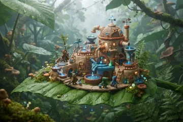 Clay 3D rainwater observatory with tiny researchers collecting glowing droplets on a giant leaf in a misty forest.