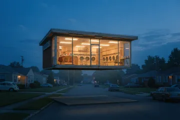 Surreal 1970s laundromat with glowing washing machines floating above a quiet suburban neighborhood at blue hour.