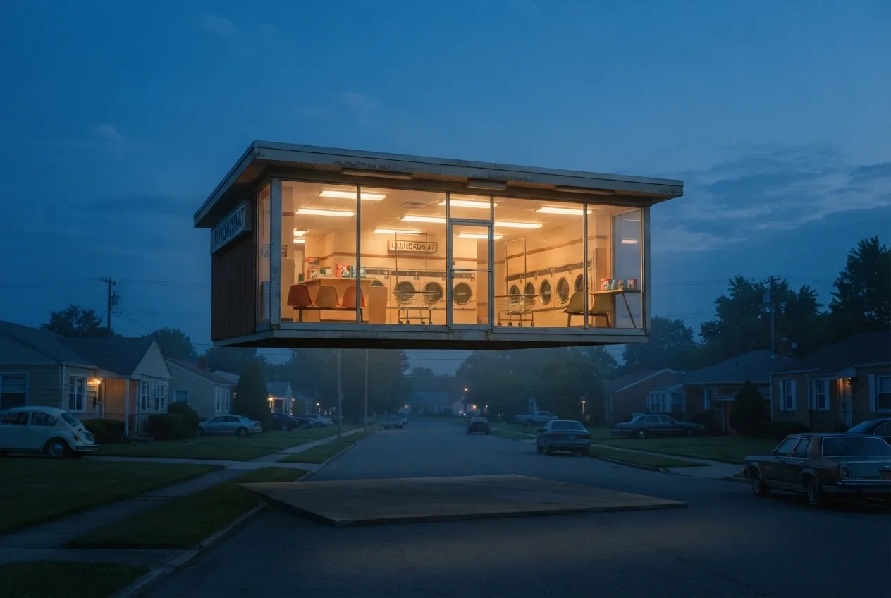 Surreal 1970s laundromat with glowing washing machines floating above a quiet suburban neighborhood at blue hour.