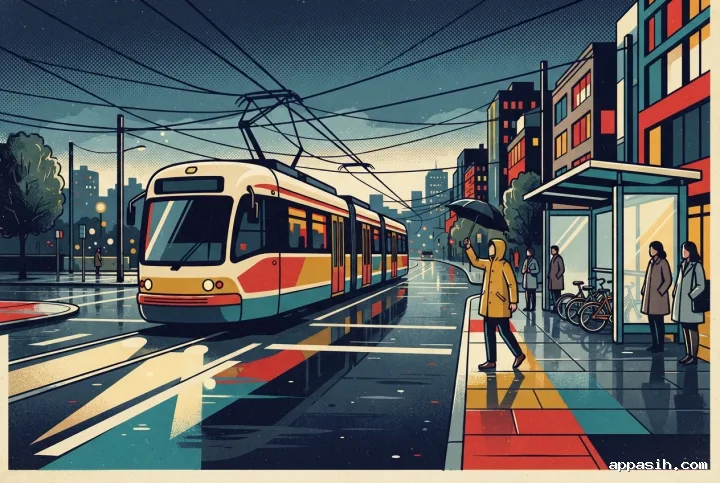 Closer Retro Pop Art view of an electric commuter tram entering a rainy city junction at dusk with halftone printing, bold contours, bicycles, pedestrians, and long reflected headlights.