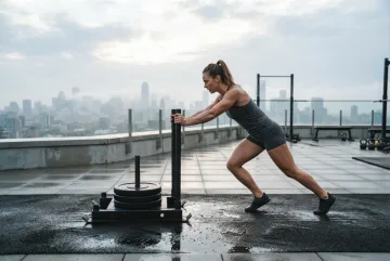 Photorealistic 3D athlete pushing a weighted training sled across a wet rooftop fitness deck at dawn.