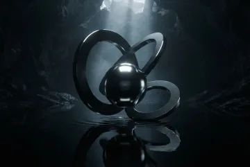 Cinematic abstract scene of floating obsidian rings surrounding a reflective liquid-metal sphere above a black mirror surface.