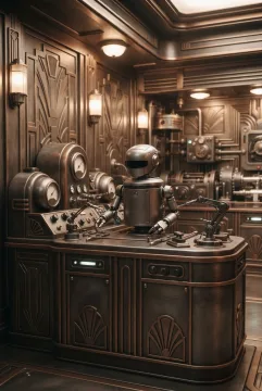Compact service robot at a retro Art Deco robotics maintenance console with geometric metal controls, analog indicators, articulated tools, and warm workshop lighting.