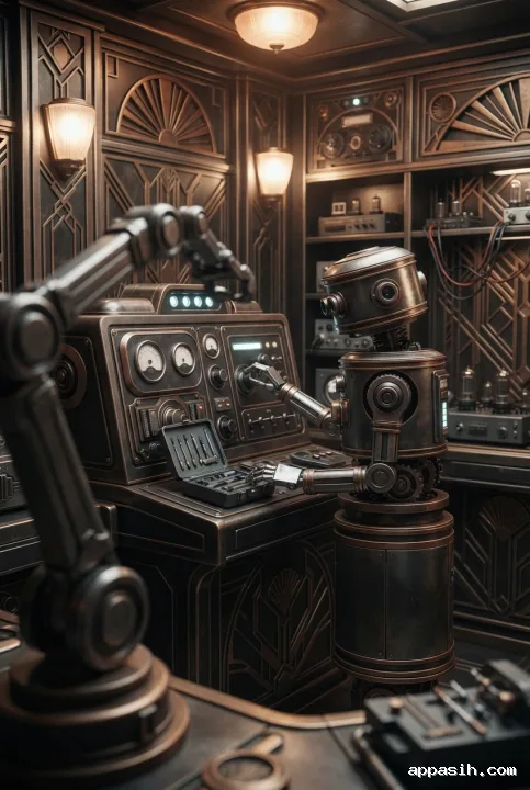 Closer three-quarter view of a compact service robot adjusting a control on a retro Art Deco robotics maintenance console inside a geometric metal technology workshop.