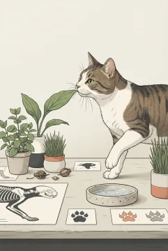 Graphic scientific illustration of a curious domestic cat examining safe leafy plants and simplified feline anatomy forms on a natural-history study table.
