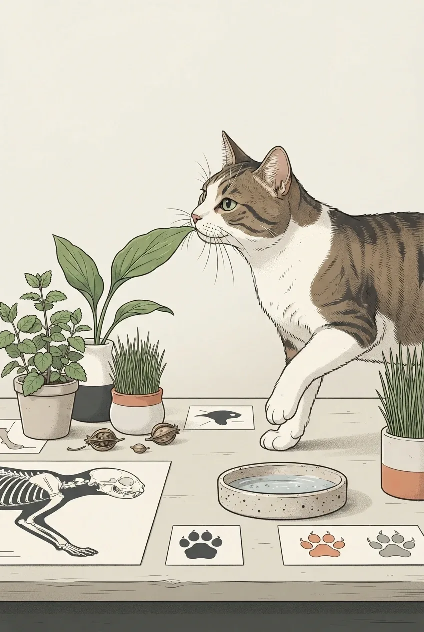 Graphic scientific illustration of a curious domestic cat examining safe leafy plants and simplified feline anatomy forms on a natural-history study table.