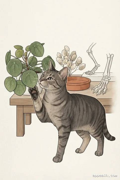 Closer graphic scientific illustration of a domestic cat raising one paw toward a safe leafy plant beside feline anatomy study objects.