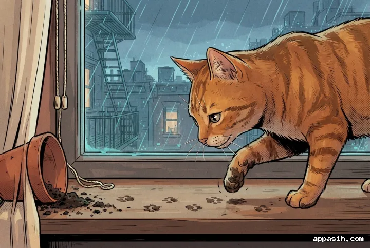 Close three-quarter view of an orange-and-brown tabby cat inspecting muddy paw prints at a rainy apartment window in a detailed Cartoon Comic Book scene.