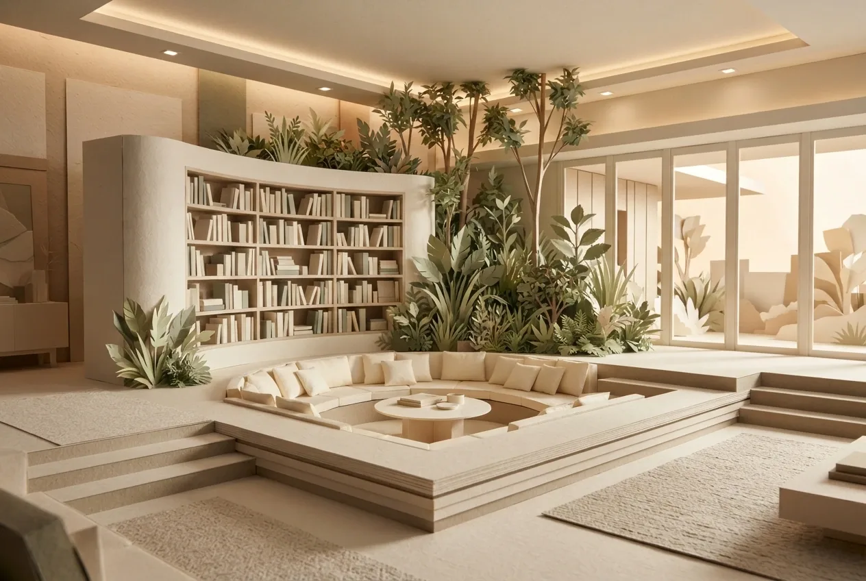 Sunken reading lounge with built-in seating, bookshelves, and a layered paper indoor garden in Paper Cut / Papercraft style.