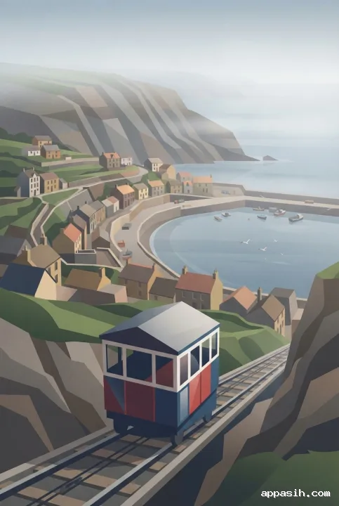 Closer geometric view of a cliffside tram descending toward the same misty coastal village, curved harbor, terraced houses, and layered sea cliffs.