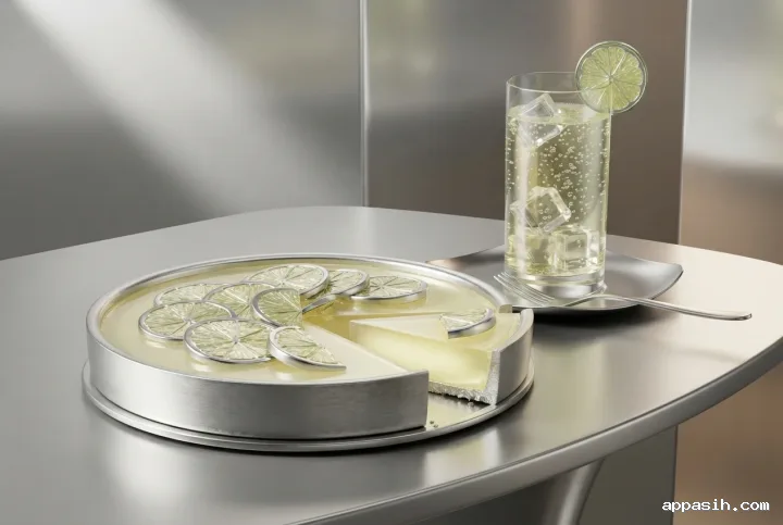 Close three-quarter view of a chrome citrus tart with one lifted slice beside sparkling lime soda in a reflective metallic 3D studio.