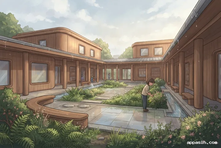 Elevated chibi cartoon view of a rounded timber community library enclosing a rain garden courtyard with wet paving and covered walkways.