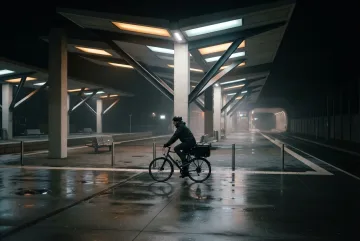 Bicycle courier riding through a rain-soaked geometric transit hub at night beneath angular illuminated canopies.