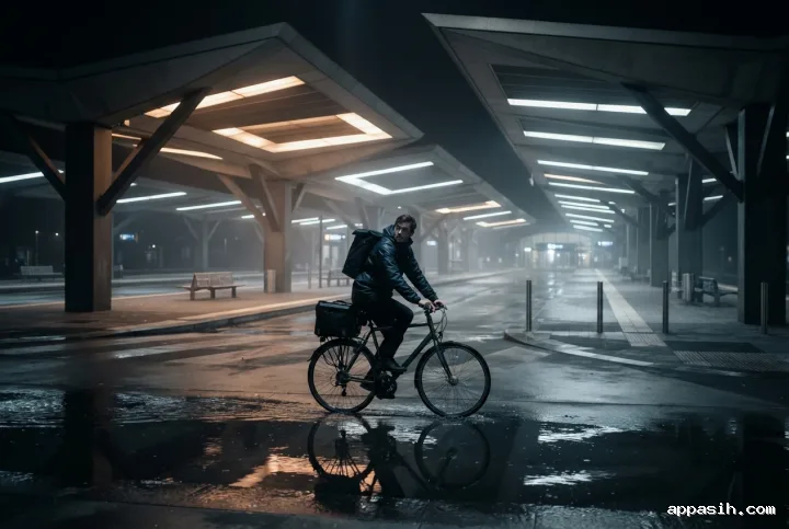 Bicycle courier crossing a reflective puddle beneath angular geometric canopies at the same rainlit urban transit hub at night.