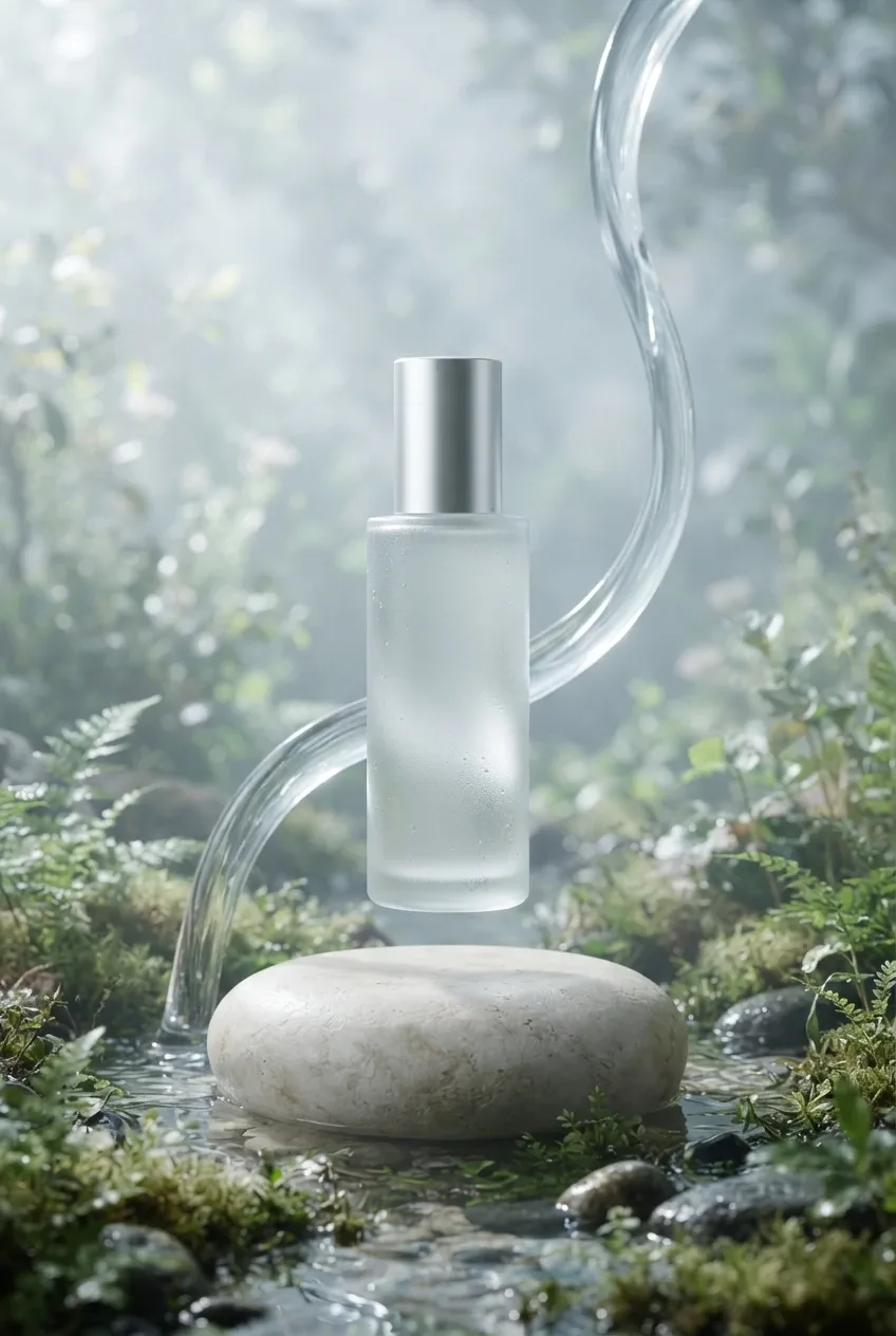Surreal frosted skincare bottle floating above a pale stone pedestal in a misty miniature garden with moss, pebbles, water, and an upward-curving stream.