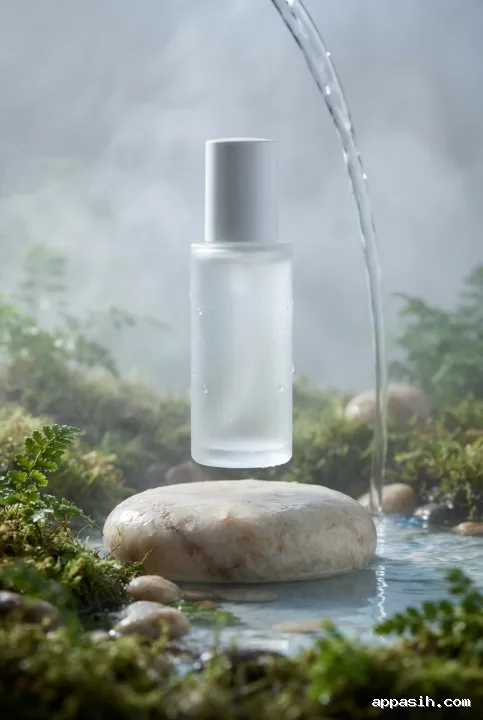 Surreal frosted skincare bottle floating above a rounded stone pedestal in a misty miniature garden, viewed from a lower three-quarter angle with an upward-curving stream of water behind it.