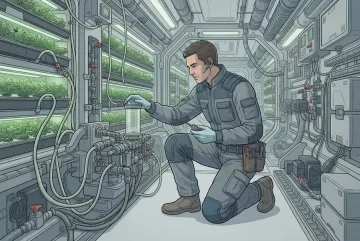 Graphic technical illustration of an orbital greenhouse maintenance technician inspecting a modular irrigation manifold beside hydroponic plant trays and engineered habitat equipment.