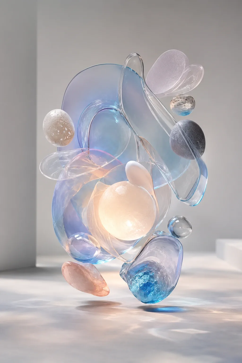 Portrait abstract composition of translucent biomorphic glass forms, inflated loops, and mineral shapes surrounding a luminous orb in pastel blue, lavender, peach, and cyan tones.